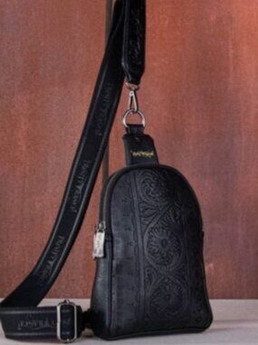 Trinity Ranch Floral Tooled Sling Bag Black NWT